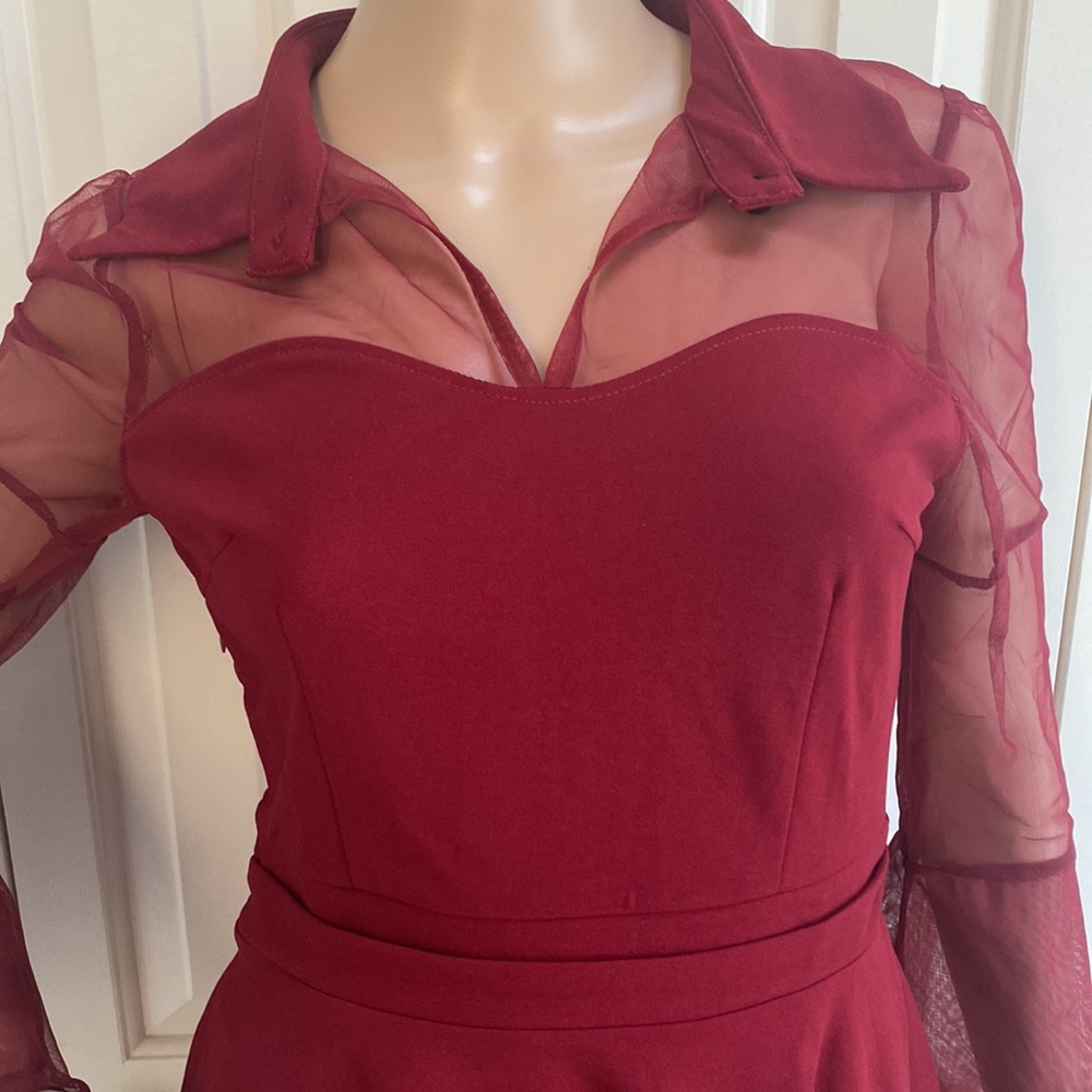 NWT Amazon Red Women Womens Dress Size Small. Sheer Bell Sleeves and Collar. - Picture 2 of 13